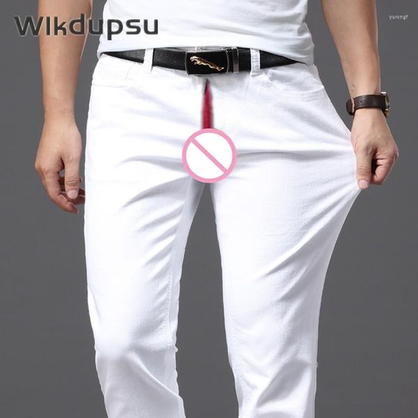 Pantalones vaqueros sexis invisibles con cremalleras dobles para hombre, pantalones con entrepierna abierta, pantalones elásticos informales de moda blanca para hombre, ropa exótica sin entrepierna