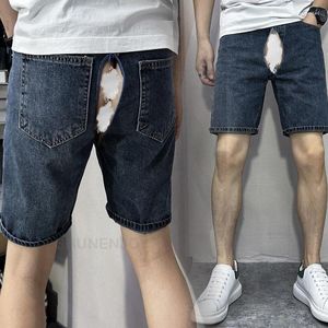 Short en jean pour homme été mince Invisible pantalon à siège ouvert cinquième polyvalent Simple Denim rétro décontracté sexe en plein air