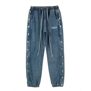 Jeans pour hommes bouton latéral délavé bleu Jeans pantalons à cordon hommes Hip Hop droit Baggy Cargos unisexe décontracté surdimensionné Denim pantalon Z0301