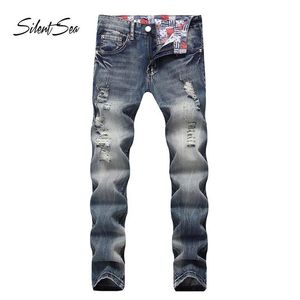 Jeans pour hommes Silentsea Fashion Biker Button Pants Trendy Designer Mens High Quality Blue Color Straight Ripped For Men2527