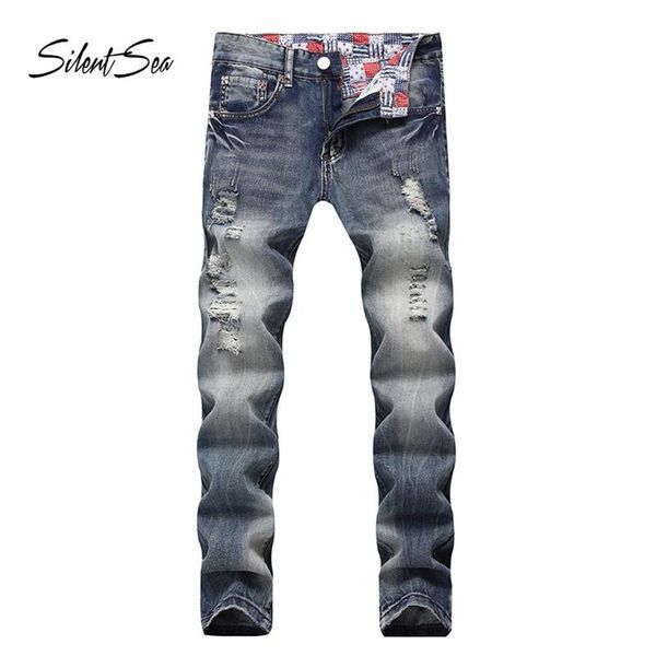 Jeans pour hommes Silentsea Fashion Biker Button Pants Designer à la mode Mens High Quality Blue Color Straight Ripped For Men209s