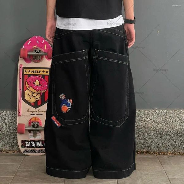 Jeans pour hommes Motif de broderie simple Y2K Noir Poches surdimensionnées Pantalon de travail Street Trend Culture Loose Straight Casual