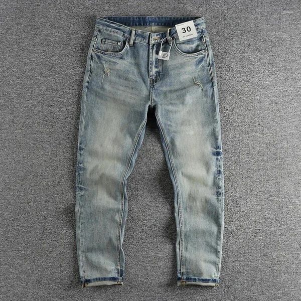 Jeans pour hommes simples petits trou plies rétro tendance bleu clair lavage des hommes micro-élastiques pantalon droit droit et longueur d'automne