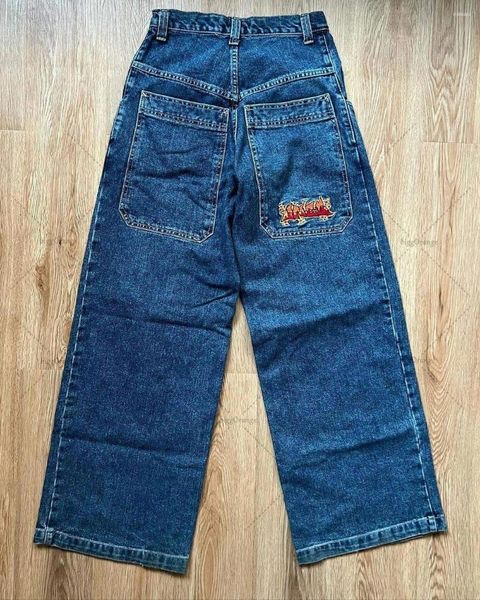 Jean homme Simple épissage lettres brodées Vintage bleu grande poche pantalon ample droit pantalon décontracté hommes vêtements