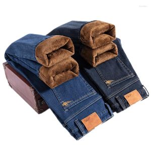 Pantalones vaqueros para hombre, talla 29-46, pantalones vaqueros cálidos de línea polar gruesa de invierno, pantalones elásticos rectos holgados informales de negocios