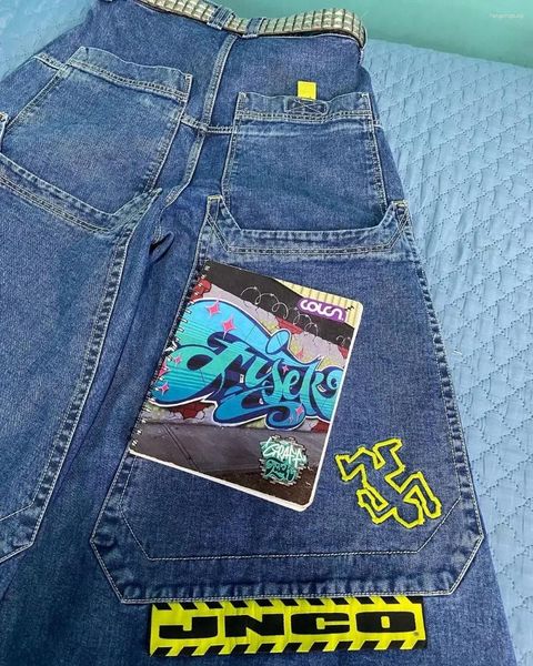 Jeans para hombres Pantalones de skate 90S Cintura alta Denim JNCO Patrón Retro Extra Grande Bolsillo Baggy Gótico Pierna ancha Streetwear