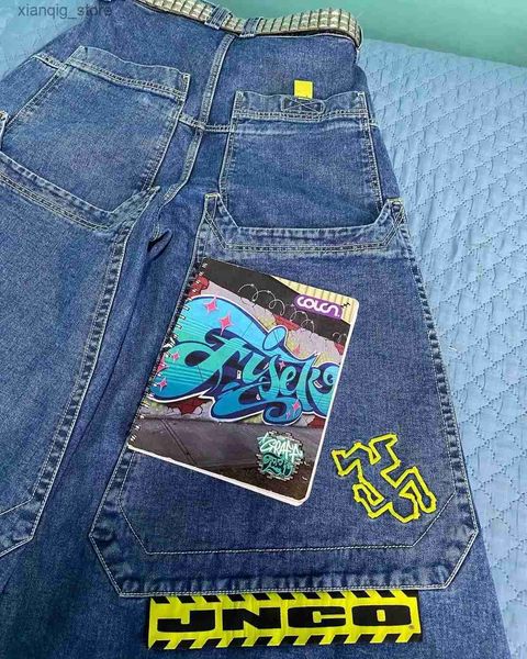 Jeans para hombres Pantalones de skateboarding 90 New High Winist Denim Jnco Patrón retro Jeans holgados de bolsillo extra grande Pantalones de piernas anchas góticas Streetwear L49