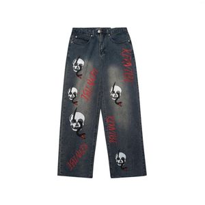 Mannen Jeans Skelet Geborduurde Rechte Mannen Hoge Taille Losse Denim Broek Schedel Broek Streetwear Blauw Y2k Esthetische Wl4b