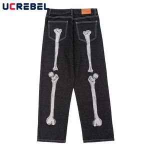 Skeleton Hand Embroidered Men's Denim Jeans | High Street Wide Leg Loose Casual Trousers