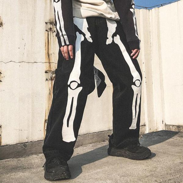 Jeans pour hommes Skeleton Print Wash Baggy Mens Pantalon droit à jambe large Streetwear Y2K Vêtements Hip Hop High Street Femmes Hommes Denim PantalonsMen's