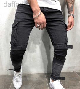 Jeans pour hommes Skinny Biker Hommes Multi-poche Bandage Slim Cargo Joggers Pantalon pour Moto Hip Hop Streetwear Swag Denim Pantalon 240305