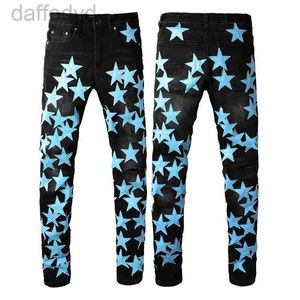 Jeans pour hommes Skinny Black Ripped Mens Designer Rip Pantalon Denim Blue Star Patches Straight Zipper Fly Hole Fashion Halloween Hip Hop 20SS Stretchy 240305