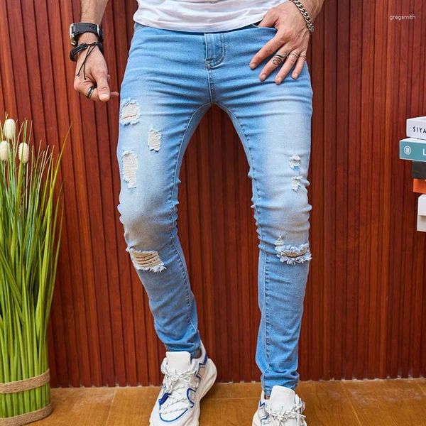 Jeans pour hommes Skinny Casual Slim Biker Denim Genou Trous En détresse Rayé Blanchi Hiphop Pantalon Déchiré Lavé 20B1