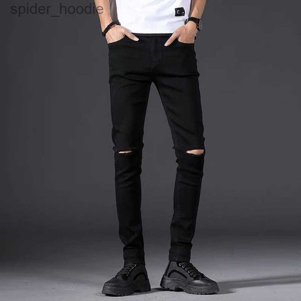 Jeans para hombres Jeans ajustados Hombres 2023 Nuevo Hombre Negro Rodilla Rasgado Agujero Pies pequeños Pantalones Elasticidad Adelgazante Hip Hop Pantalones de mezclilla L230921