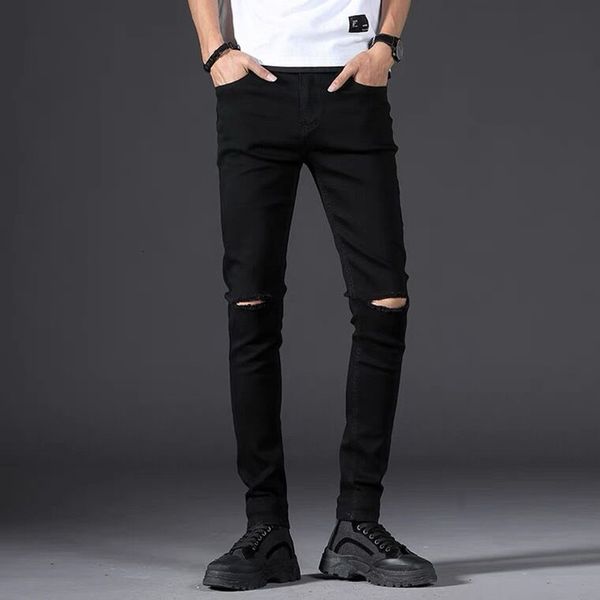 Hommes Jeans Skinny Jeans Hommes Mâle Noir Genou Déchiré Trou Petits Pieds Pantalon Élasticité Minceur Hip Hop Denim Pantalon 230313