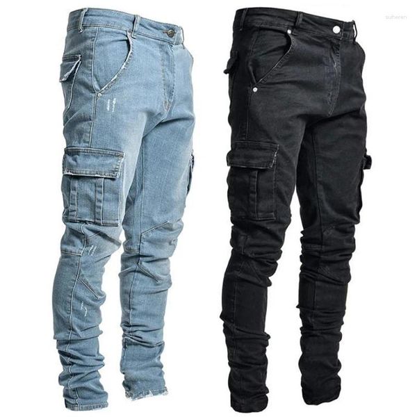 Jeans para hombres Jeans ajustados Hombres Pantalones de carga negros Bolsillos múltiples Pantalones de mezclilla Azul Slim Fit Overol Hombre Moda Casual Pantalones de calle