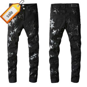 Jeans pour hommes Skinny Hommes Noir Ripped Man Designer Mens Rip Denim Star Patches Jambe droite Zipper Fly Trou Mode Long Hip Hop Pantalon 20ss Rock Gris Blanc Biker