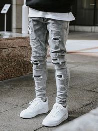 Pantalones vaqueros para hombre, ajustados, rasgados, a la moda, parches de mendigo, pantalones vaqueros elásticos ajustados, pantalones para correr Hip Hop, ropa de calle