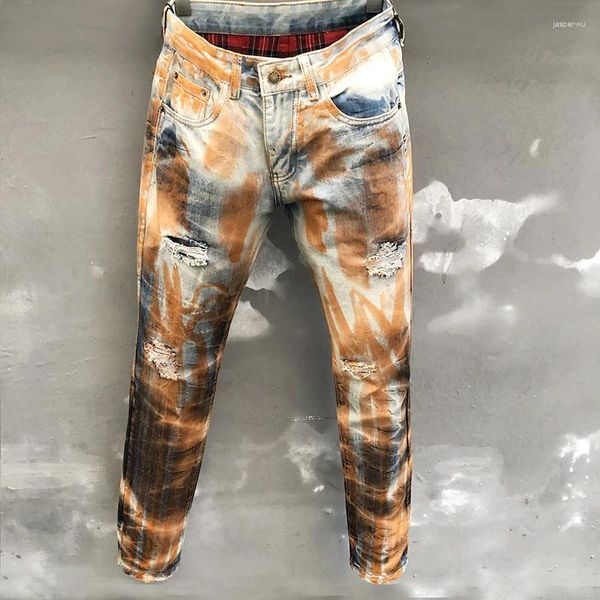 Jeans pour hommes Skinny déchiré pour hommes High Street Orange Peinture Slim Jean Fashion Party Pantalon décontracté Streetwear Pantalones