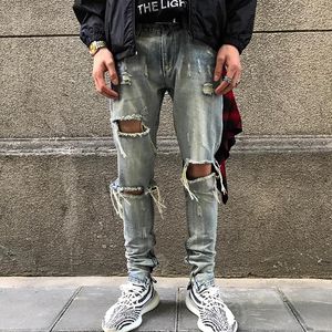 Jeans pour hommes Skinny Ripped Grid Stretch Slim Denim Pants Homme Taille Élastique Patchwork Trou PantalonHommes