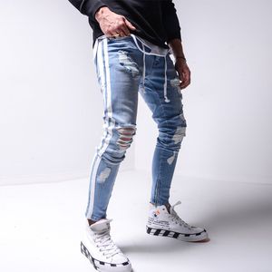 Jeans pour hommes Skinny jeans déchirés hommes Pantalons Crayon Biker Side Striped Destroyed Hole Hip Hop Slim Fit Man Stretchy Jean Print 221128