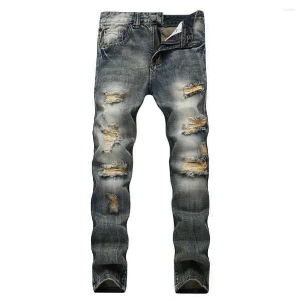 Jeans pour hommes maigre déchiré hommes mode trou coupe mince fermeture éclair stretch denim mâle pantalon mince streetwear pantalons décontractés 2023