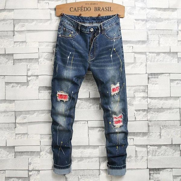 Jeans para hombres flacos rasgados de color azul lavado pantalones de mezclilla delgada de mezclilla parche pintura de moda hip hop pantalones machos