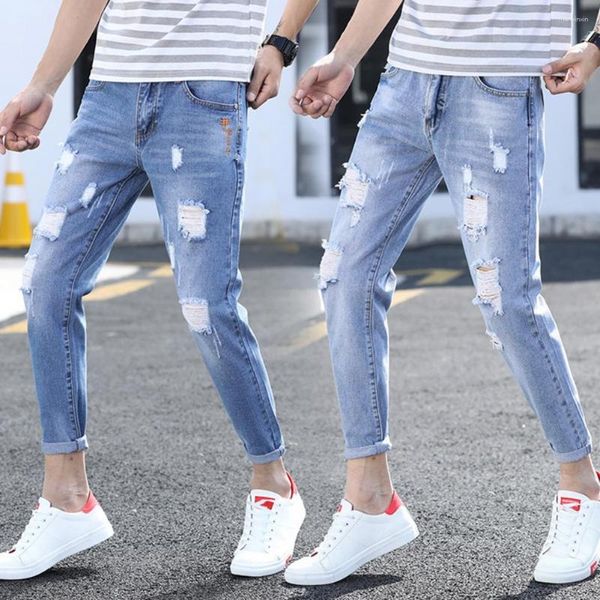 Jeans pour hommes Slim Anti-rides Denim Pantalon Poches Mode Stylé Trous Déchirés Mâle Crayon Streetwear