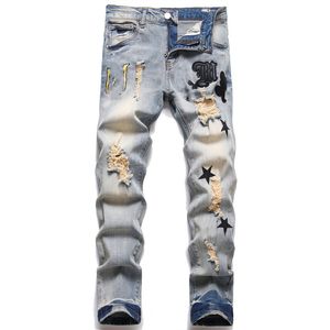Jeans para hombres Slim Fit Pies elásticos Globo de algodón para hombres Marca de cuero bordada con agujero Star Retro Jeans para hombres de Europa y América