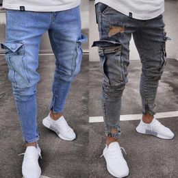 Heren jeans slank fit hi-street verontruste denim joggers stretch trend knie gat ritssluiting broek 238p