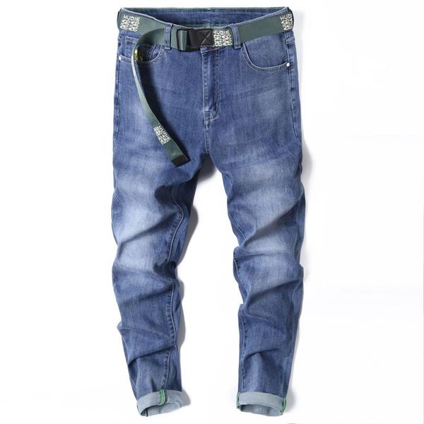 Jeans pour hommes coupe ajustée hommes bleu clair élasticité mode poches concepteur pantacourt décontracté cheville longueur pantalon impression garçons