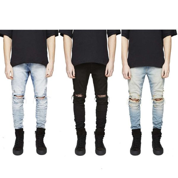 Jeans pour hommes Slim Fit déchiré hommes hommes en détresse Denim Joggers trous de genou lavés plus