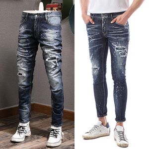 Jeans pour hommes coupe ajustée couture et peint bleu Vintage lavage jambe Denim pantalon mâle