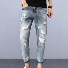 Jeans masculino slim fit cor gradiente elegante com orifícios canelados multibolsos costura durável para longa duração