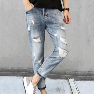 Heren jeans slank fit stijlvol geribbelde gaten multi-zakken gradiënt kleur enkellengte duurzaam voor langdurige