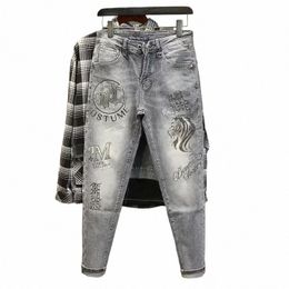 Jeans pour hommes Slim Fit Pantalon graphique Skinny Man Cowboy Pantalon Tuyau serré avec impression Goth Luxe Rhinestes Y 2k Vintage Kpop Xs v7fI #