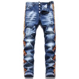 Heren jeans slanke witte stretch jeans met zijkant oranje lint strakke bedelaarbroek