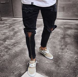 Jeans pour hommes Slim-fit Zipper Ripped Pantalons à jambes étroites Pantalons à la mode Denim moulant