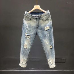 Heren jeans slanke licht gekleurde negenpuntige negen punten kleine voetbroek trendy bedelaar rotten erkek pantolon