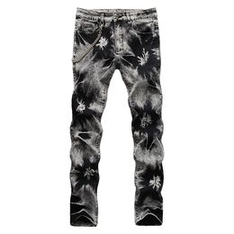 Heren jeans sneeuw gewassen stropdas en geverfd met ketting streetwear grijs zwart slanke rechte stretch denim broek 220927