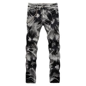 Jeans homme neige lavé cravate et teint avec chaîne Streetwear gris noir Slim droite Stretch Denim pantalon 220927