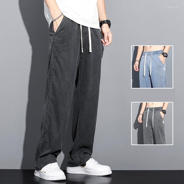 Jeans pour hommes tissu doux cordon taille élastique lâche pantalon droit mince coréen décontracté grande taille M-5xl