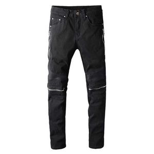 Jeans para hombres Sokotoo Cremalleras negras para hombres Parche de cuero PU plisado Biker jeans Moda streetwear pantalones de mezclilla elásticos delgados y delgados T221102