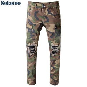 Jeans pour hommes Sokotoo Jeans de motard militaire patchwork imprimé camouflage pour hommes pour moto Slim fit droite armée vert poches cargo pantalon en denim T221102