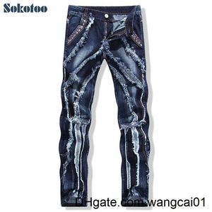 Jeans pour hommes Sokotoo hommes mode patchwork épissé déchiré jean Ma personnalité ather rivet mince pantalon en denim droit livraison gratuite 0408H23