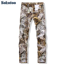 Jeans para hombre Sokotoo Jeans con estampado de piel de serpiente a la moda para hombre Pantalones de mezclilla elásticos de colores delgados para hombre T221102
