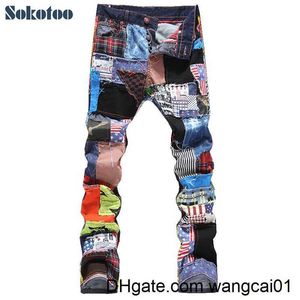 Jeans hommes Sokotoo hommes patchwork épissé déchiré denim jeans Ma mode mince couleur patch boutons voler pantalon droit livraison gratuite 0408H23