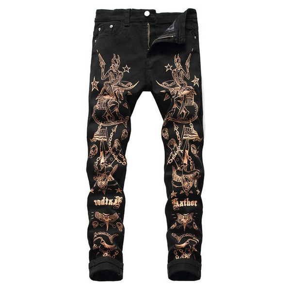 Jeans masculin Sokotoo Slim 3D Print 3D Jeans Fashion Sexy Beauty Flag Skull peint Black Stretch Denim Pantalon T221102