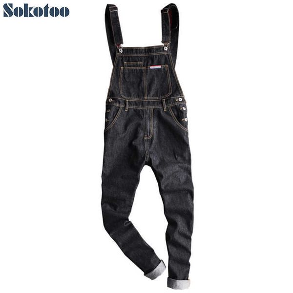 Jeans pour hommes Sokotoo Hommes Slim Poche Patch Denim Salopette Casual Bretelles noires Combinaisons Jeans T221102