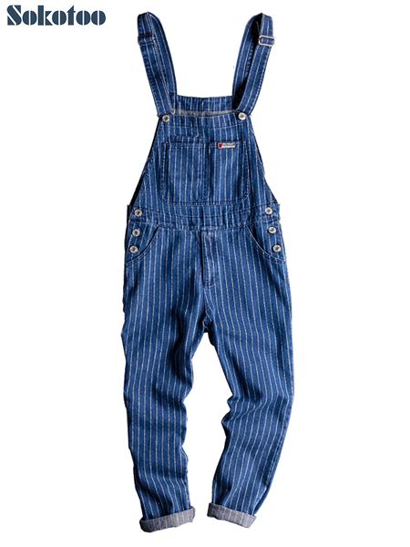 Jeans pour hommes Sokotoo Hommes Stripe Imprimé Bleu Denim Salopette Bretelles Combinaisons Combinaisons Jeunes Jeans 230904
